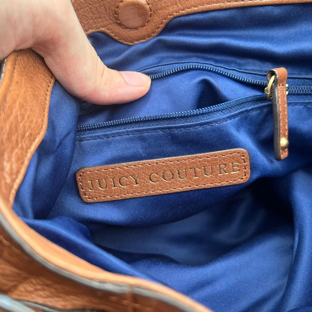 Juicy Couture Brown Buffalo Leather Satchel Crossbody Bag Gold Hardware Navy